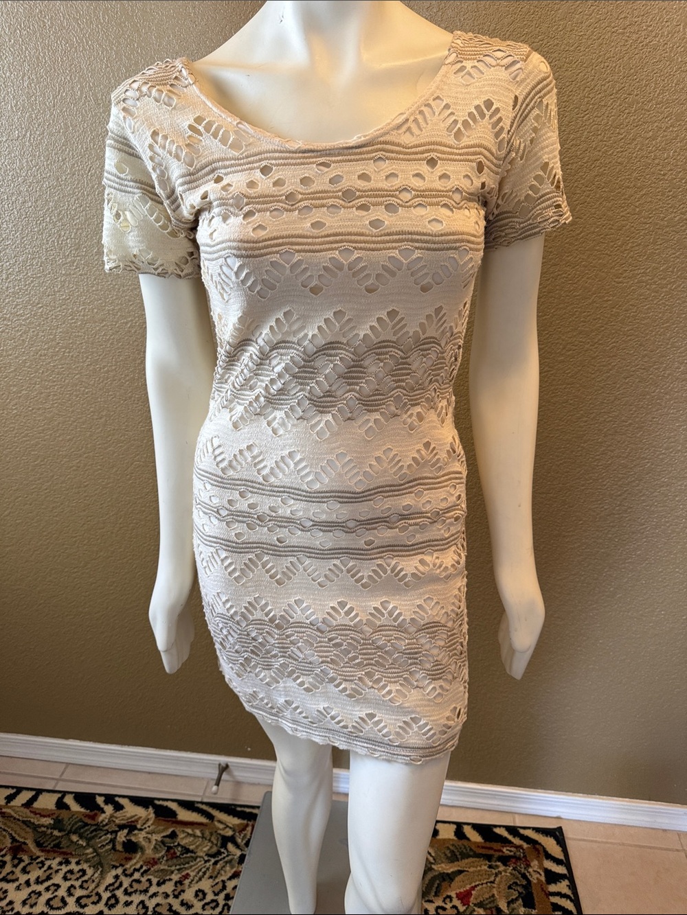 Lace Short Sleeve Cream Mini Dress
